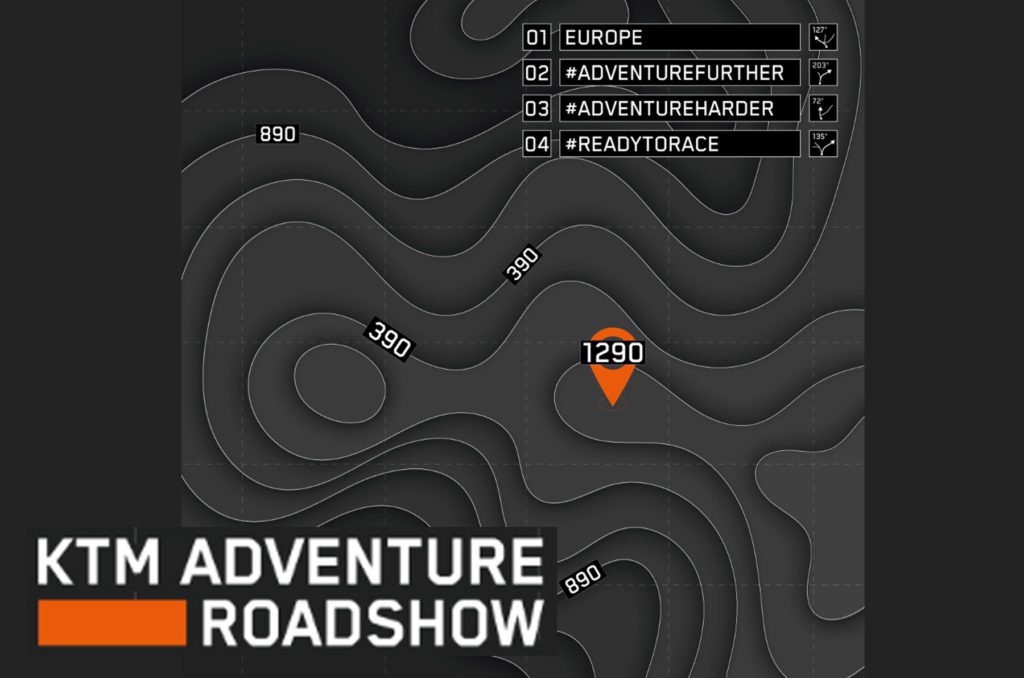 Karte der KTM Adventure Roadshow mit dem Fokus auf das Modell 1290 und den Hashtags für Abenteuerfans.