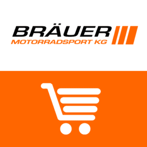 Das Logo von Bräuer Motorradsport KG, einem Motorradhändler für KTM und Husqvarna, mit einem Einkaufswagen-Symbol.
