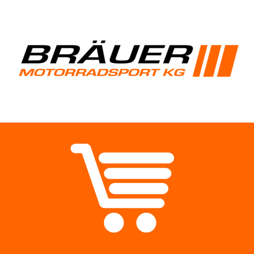 Das Logo von Bräuer Motorradsport KG, einem Motorradhändler für KTM und Husqvarna, mit einem Einkaufswagen-Symbol.